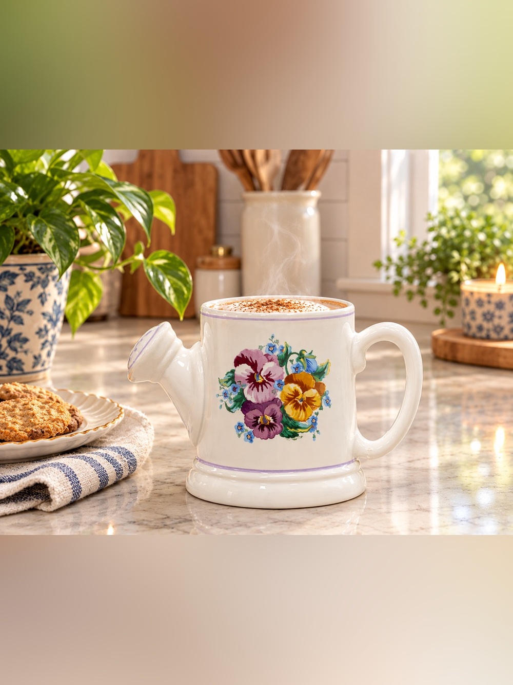 Vintage Hallmark Ceramic Watering Can Mug Pansy Floral Garden Gift 10oz Novelty